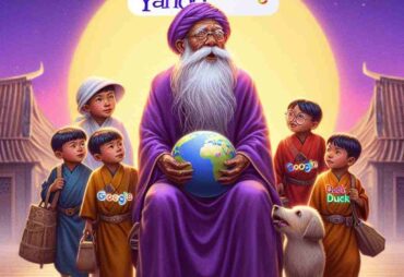 Yahoo Illustration of a wise old man imparting wisdom to younger search engine characters.