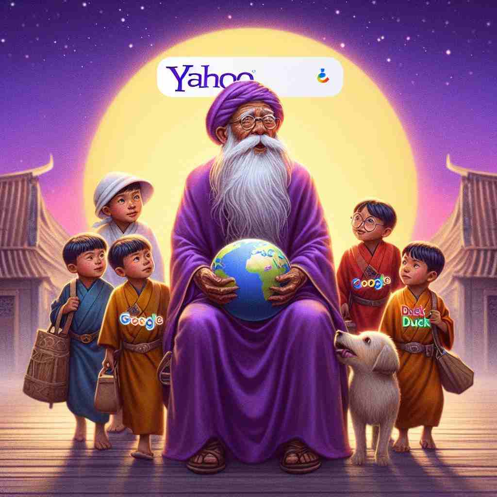 Yahoo Illustration of a wise old man imparting wisdom to younger search engine characters.